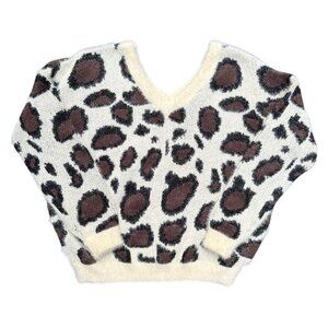 Leopard Print V-Neck Fuzzy Knit Sweater Medium L Love‎ Cozy Fall Winter Animal
